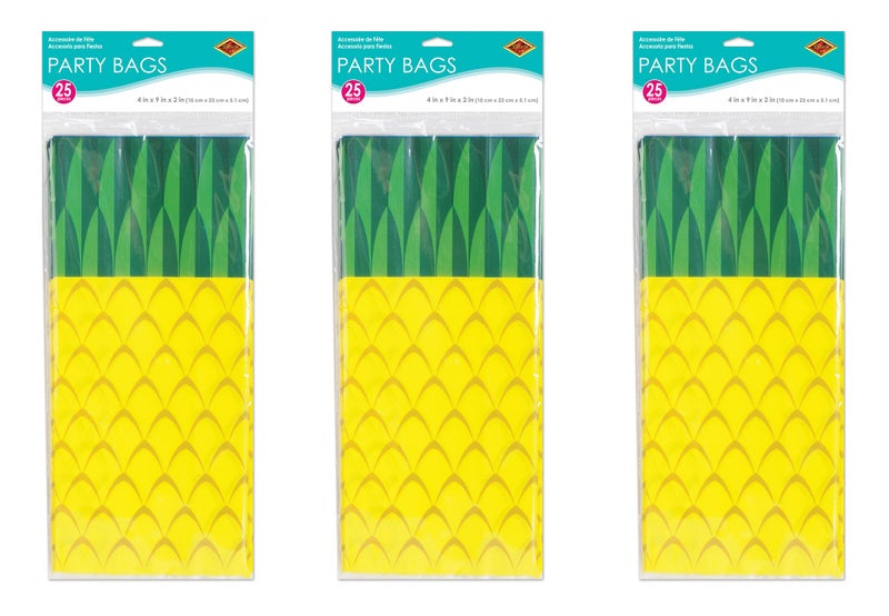 Beistle 75 Piece Tropical Treat Favor Bags - Luau Party Pineapple Cello Candy Bags With Twist Ties, Yellow/Green - Image 2